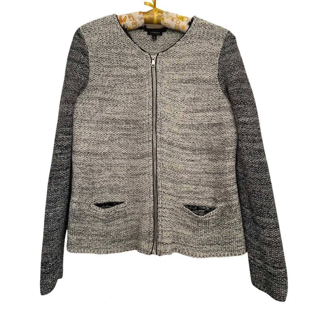 Talbots Womens Black‎ White Marled Metallic Zip Front Knit Cardigan Sweater Sz M
